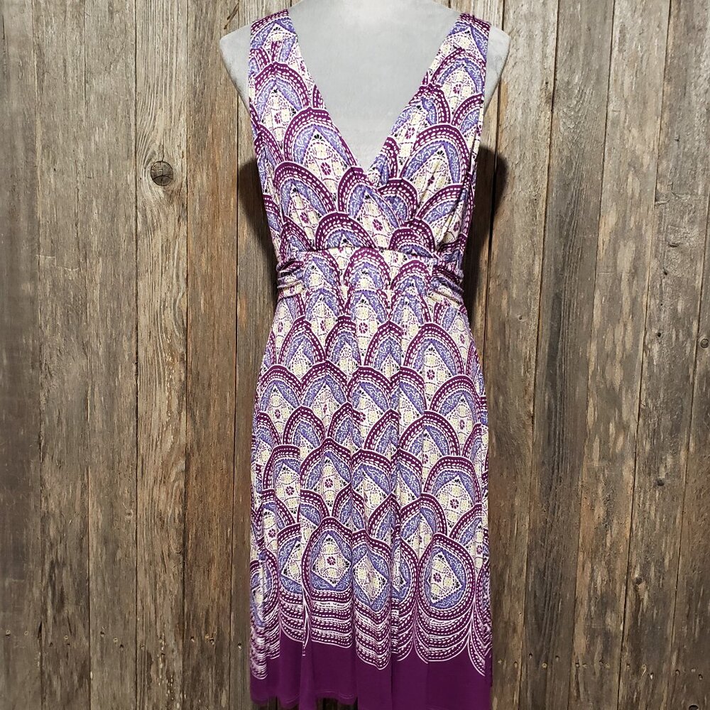 Elle M Juniors Dress Sleeveless V Neck Purple Floral Geo Knit Stretch Knee Midi